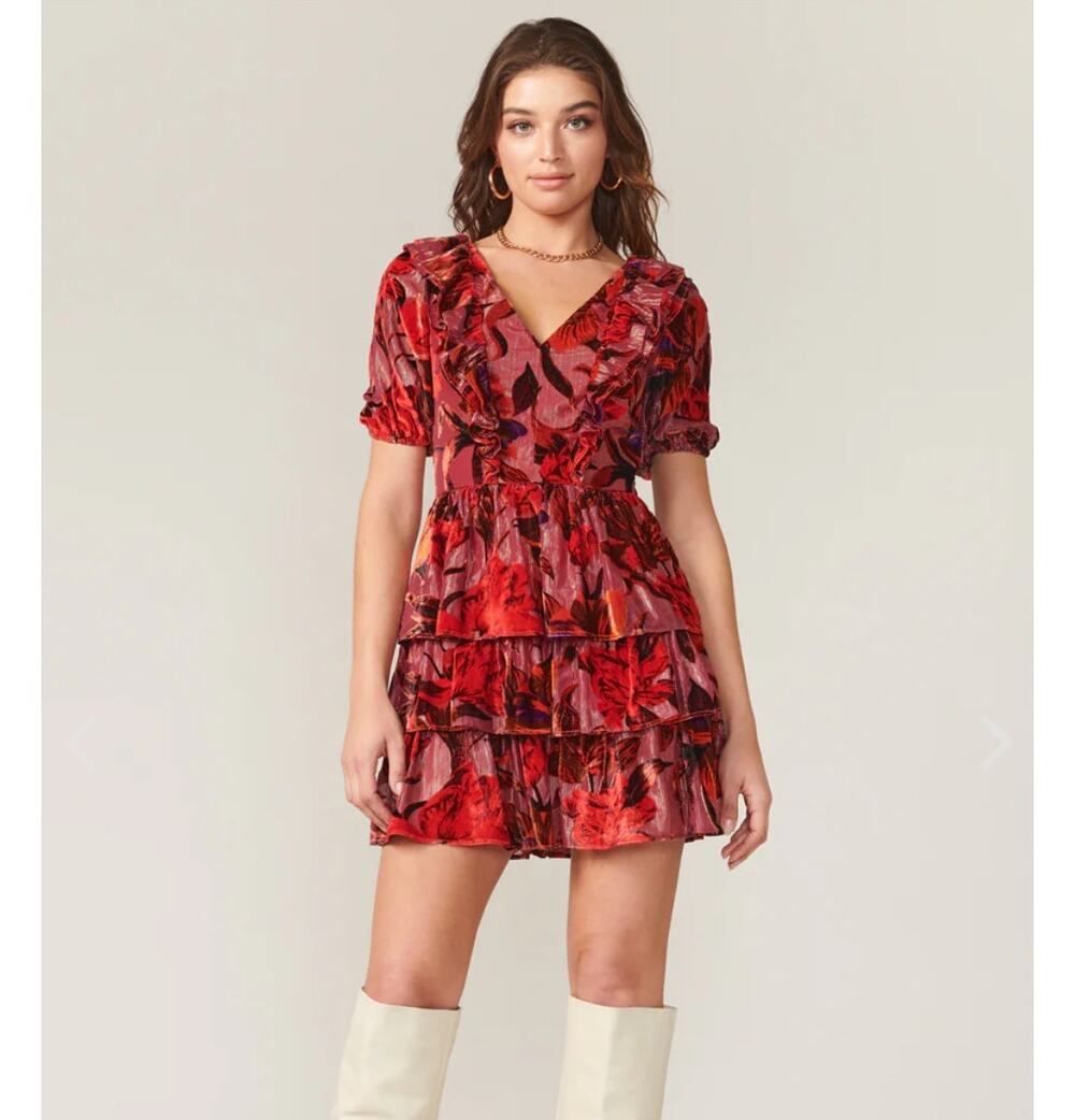 Adelyn Rae Khalia Burnout Red gold Velvet ruffle dress Mini Dress Womens Medium